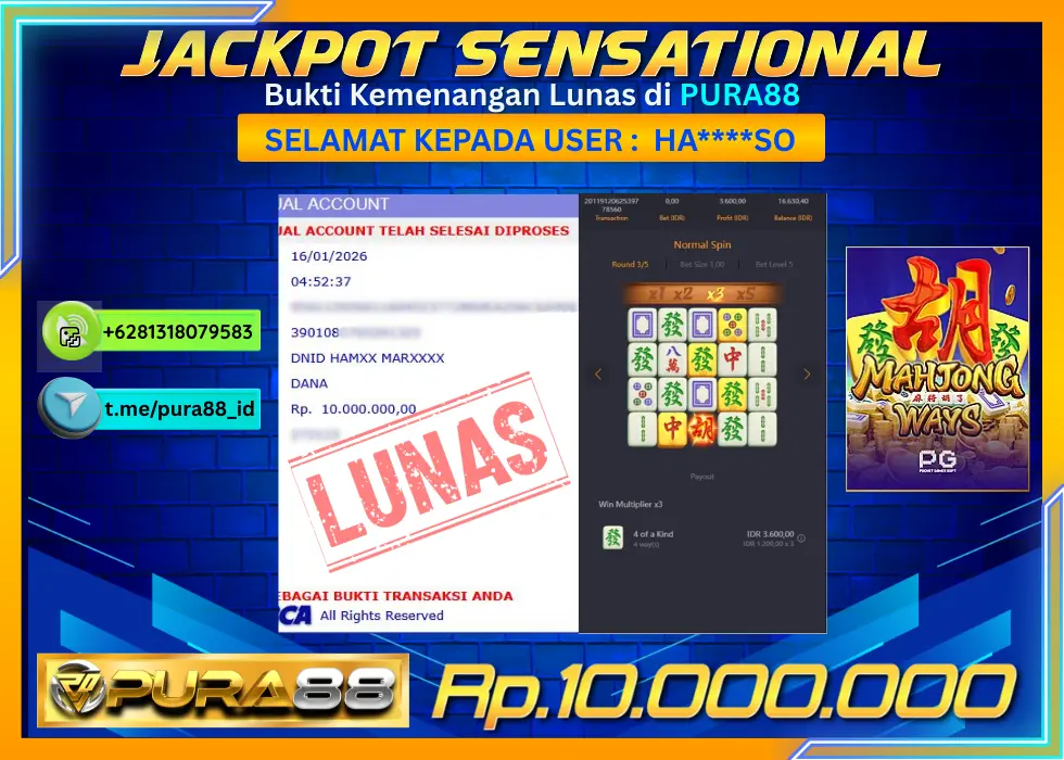 PURA88 JACKPOT MAHJONG WAYS Rp 10.000.000,- LUNAS
